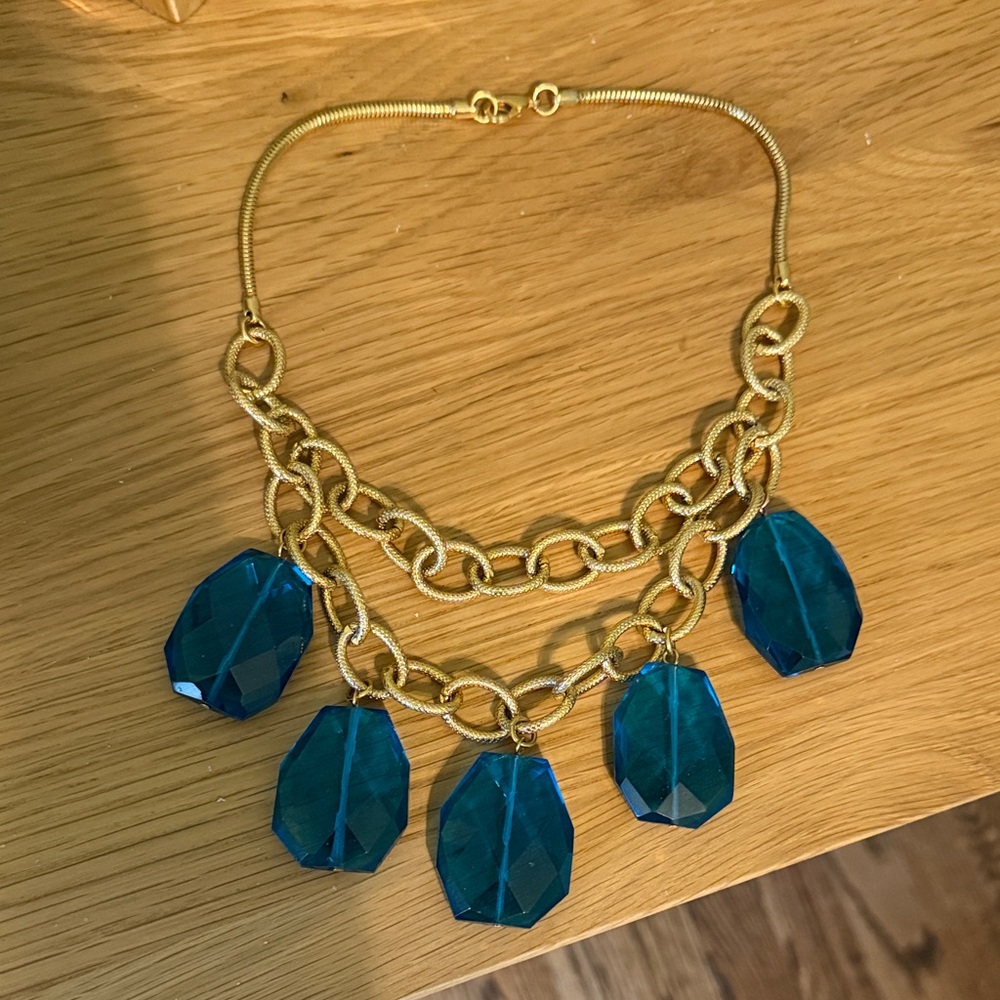 Anthropologie Elegant Gold and Blue Statement Necklace